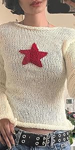 Y2k hollow out knit crop top fairy grunge ripped crop sweater star printed crochet pullover tee