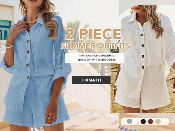 2 Piece Outfits Button Down Shirt Top and Mini Shorts Set Summer Sweatsuits