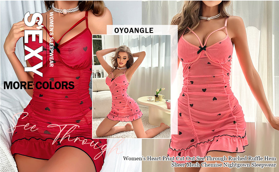 Women''s Heart Print Cut Out See Through Ruched Ruffle Hem Sheer Mesh Chemise Nightgown Sleepwear