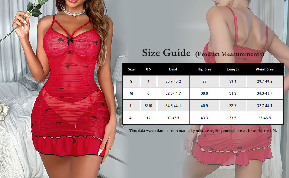 Women''s Heart Print Cut Out See Through Ruched Ruffle Hem Sheer Mesh Chemise Nightgown Sleepwear