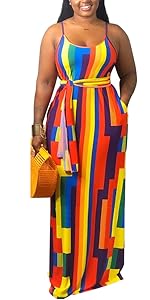 Womens Summer Suspender Maxi Dress Plus Size Striped Printed Sleeveless