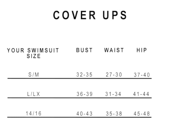 Sunsets Cover up size chart