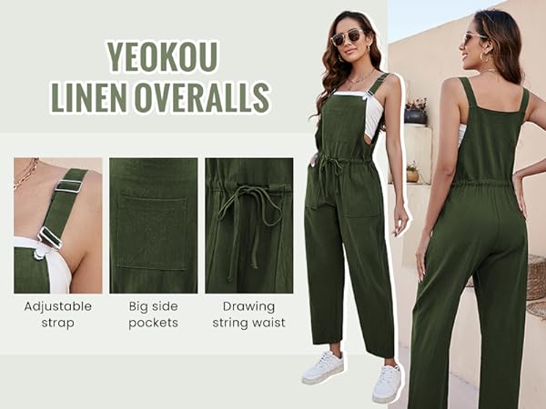 Yeokou Women''s Fashion Cotton Linen Overalls with Pockets