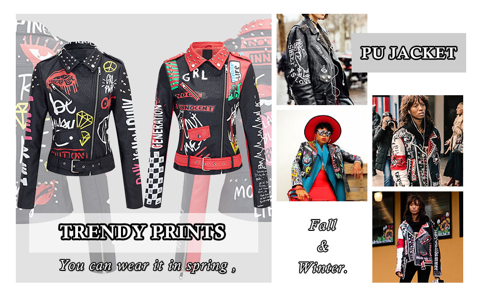 Faux Leather Jacket Women Motorcycle Streetwear Punk Moto Trendy Clothes Studded Printed Coat 1