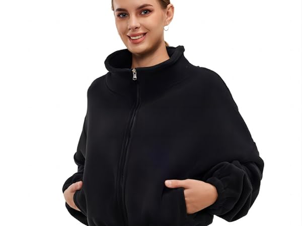 Black Winter Crop Coat Long Sleeve Baggy Bomber Jacket