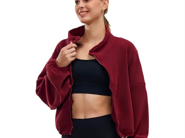 Wine Red Stand Collar Sherpa Crop Coat