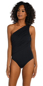 La Blanca Island Goddess Shirred One Shoulder One Piece