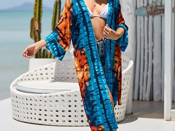 blue tie dye caftan vneck cardigan cover ups