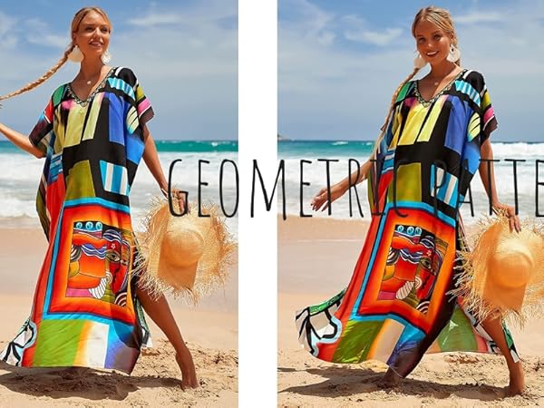 geometry pattern print caftans beach coverups