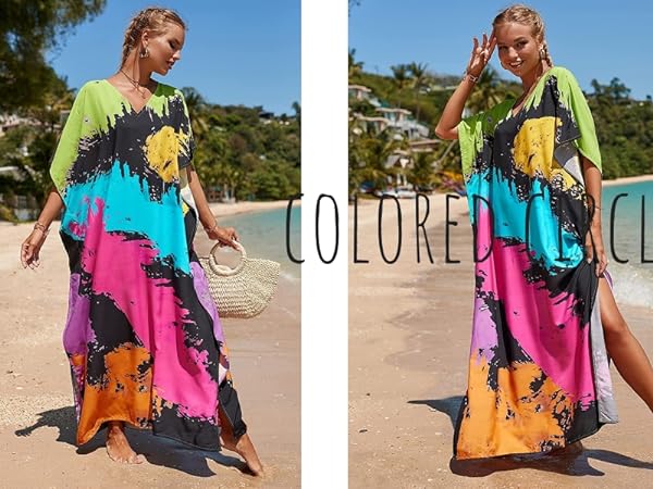 color block print caftans beach cover ups