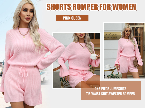 Pink Queen Shorts Romper for Women One Piece Jumpsuits Tie Waist Knit Sweater Romper