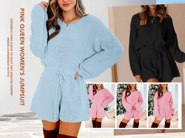 Crewneck Long Sleeve Tie Waist Knit Sweater Romper Onesie Loungewear Outfits