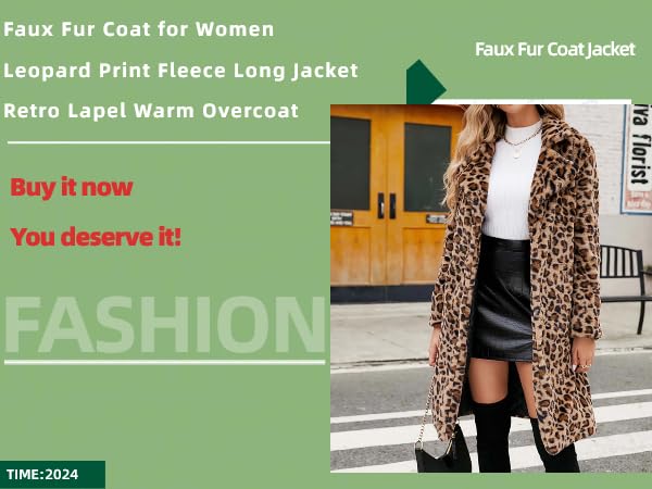 Faux Fur Coat for Women Leopard Print Fleece Long Jacket Retro Lapel Warm Overcoat Plus Size Coats