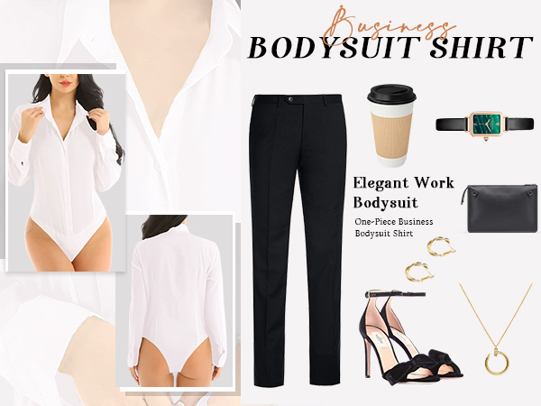 Button Down Collar Neck Long Sleeve Work Bodysuit Leotard Top Business Shirt Office Top