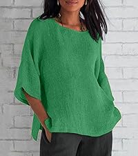 Linen Shirts for Women Crewneck Blouses Casual Loose Fit Short Sleeve Tunic Tops Side Split Tees