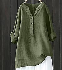 Women Cotton Linen Tops Casual V Neck Button Down Blouses Long Sleeve Roll up Flowy Tunic Tops