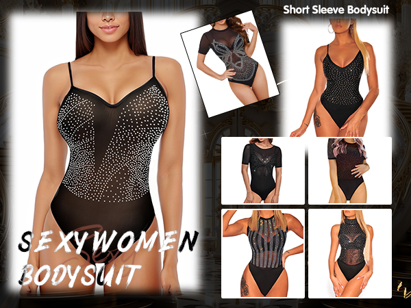 Women''s Sheer Mesh Short Sleeve Sleeveless See Through Rhinestone Bodysuit