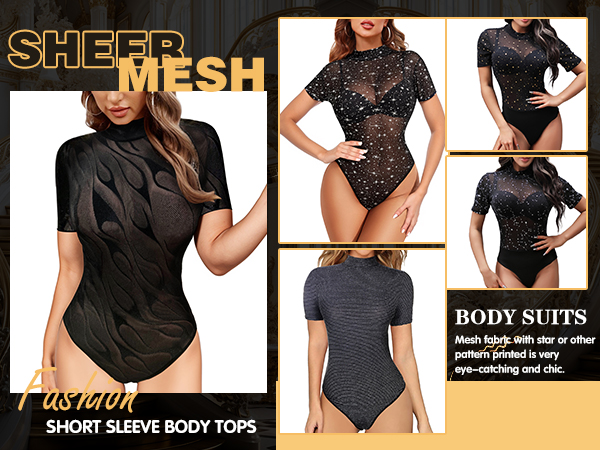 MAYFASEY Women Short Sleeve Mesh Bodysuit See Through Leotard Bodysuit Tops