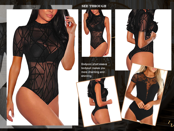 MAYFASEY Women Mesh Bodysuit See Through Leotard Bodysuit Tops