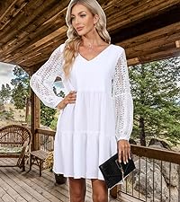 Women 2023 Summer Casual Mini Dress Tunic Dress V Neck Lace Lantern Sleeves Babydoll Dress