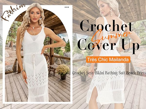 Womens Crochet Cover Up Sexy Bathing Suit Cover Ups Hollow Out Swimwear Sleeveless Beach Dress 2023