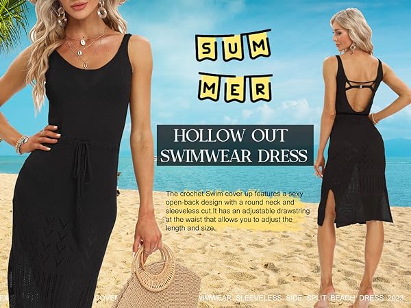 Crochet Cover Ups for Women Hollow Out Sleeveless Bikini Swimwear Side Split Long Beach Dresses