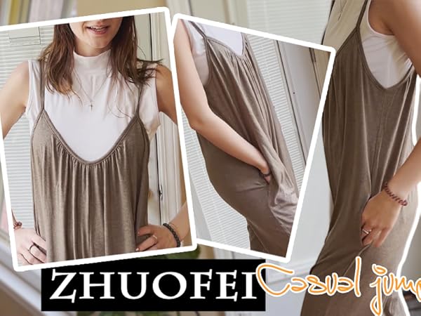 ZHUOFEI Women Loose Casual Sleeveless Adjustable Spaghetti Strap Jumpsuits Stretchy Wide Leg Rompers