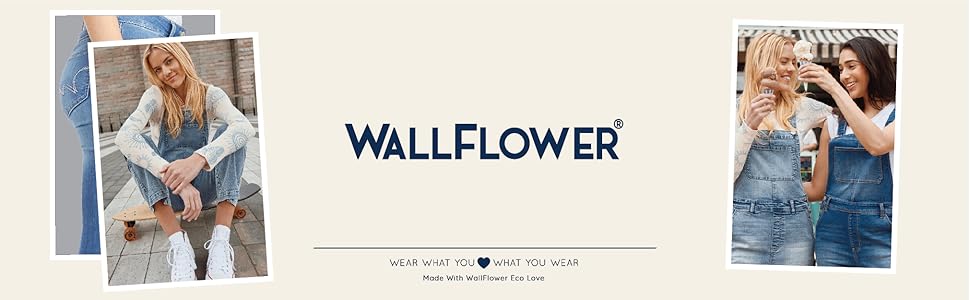 WallFlower brand logo showing girls wearing WallFlower overalls.