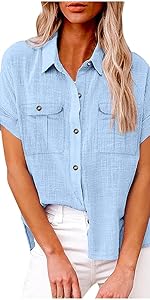 Linen Shirts for Women Oversized Button down Short Sleeve Blouses 