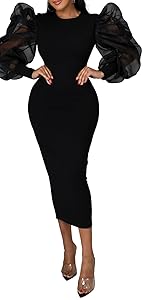 Women Elegant Puff Long Sleeve Midi Dress