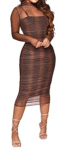 Women Long Sleeve Sheer Mesh Bodycon Midi Dress