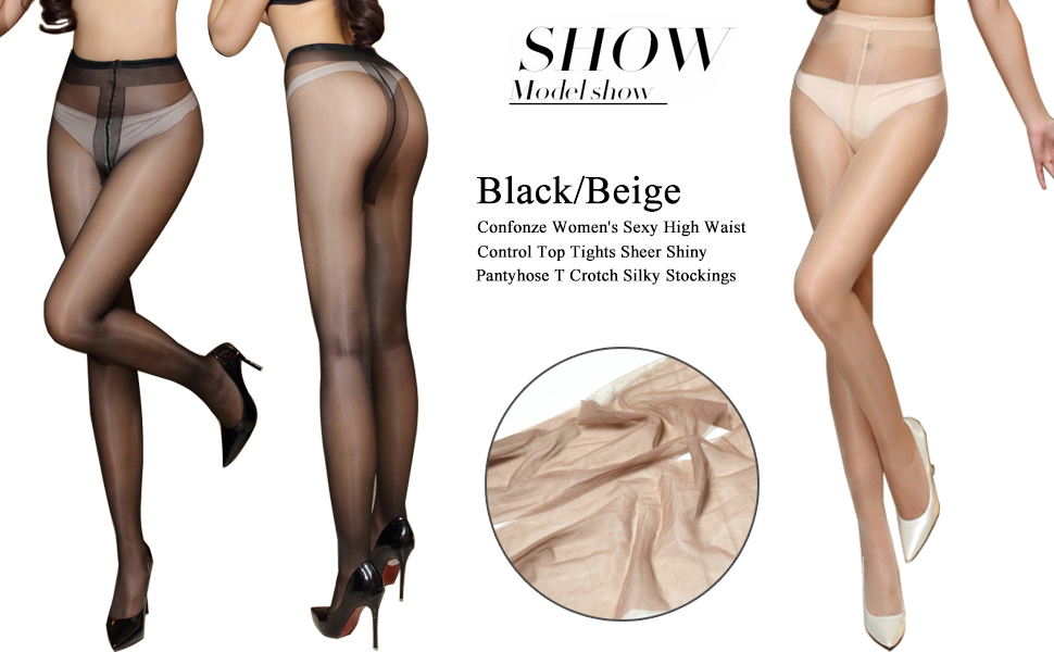 15D Women''s High Waist Control Top Tights Sheer Shiny Pantyhose T Crotch Silky Stockings model show