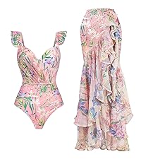 S-L Women floral swimsuit with long skirt outfit