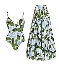 Womens Retro Floral Print One Piece Swimsuit with Beach Cover up Wrap Skirt Sarong 