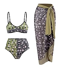 Womens Retro Floral Print Bikini Set Two Piece Bathing Suit with Beach Cover up Wrap Skirt Sarong 