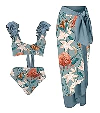 Womens Retro Floral Print Bikini Set Two Piece Bathing Suit with Beach Cover up Wrap Skirt Sarong 