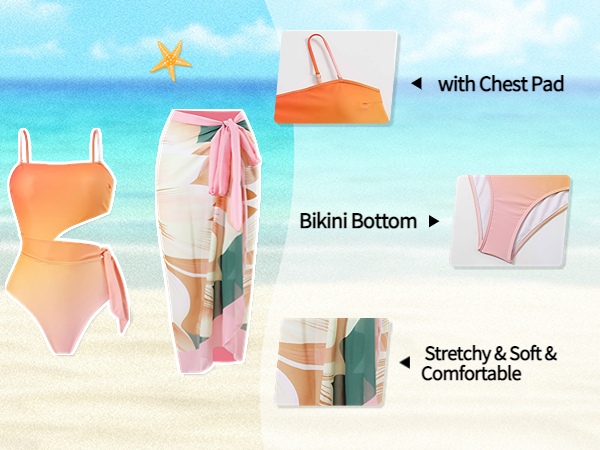 2PCS Swimsuits Women One Piece Bikini Skirt Bathing Suit Monokini Swimwear Sarong Rash Guard Set