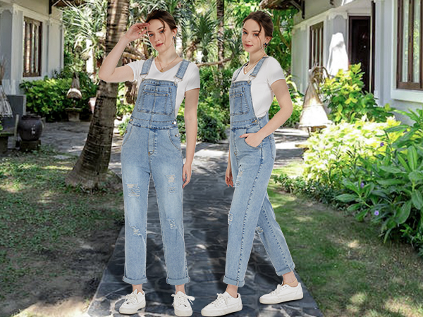 Ripped denim overalls