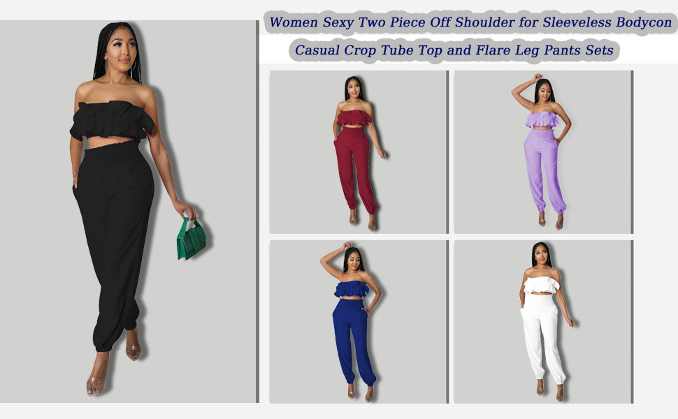 JTNFairy Women''s Casual Off Shoulder Sexy Two Piece Outfits for Sleeveless Solid  Bodycon Crop Tube 