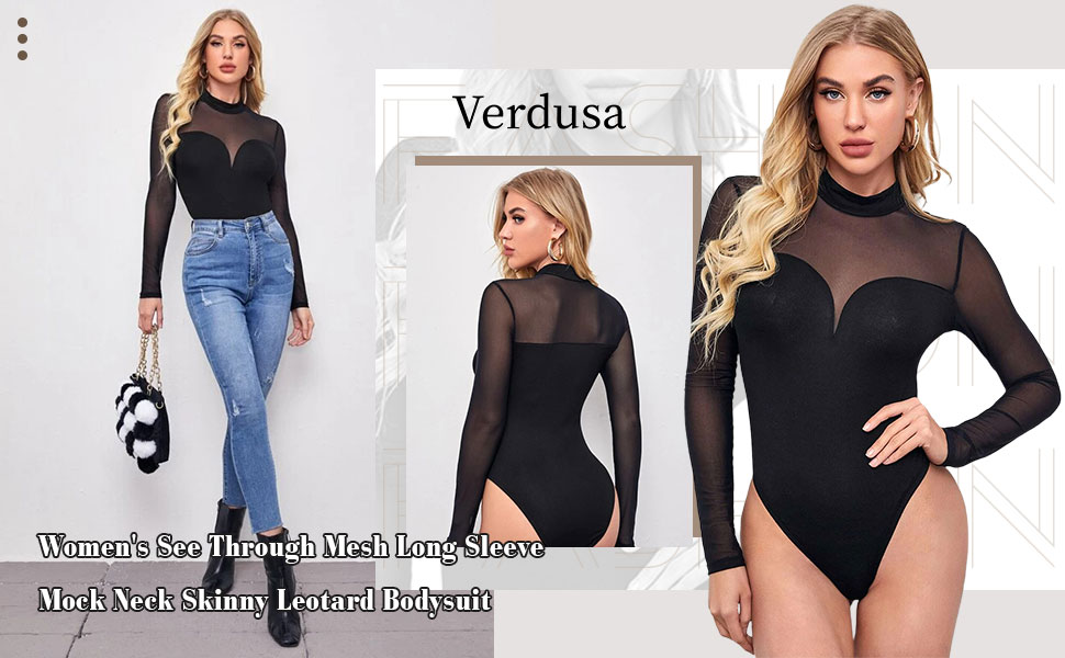 Women''s See Through Mesh Long Sleeve Mock Neck Skinny Leotard Bodysuit