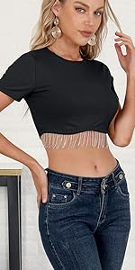 SHORT SLEEVE rhinestone fringe top