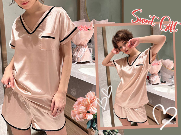 satin pajama set silk sleepwear shorts