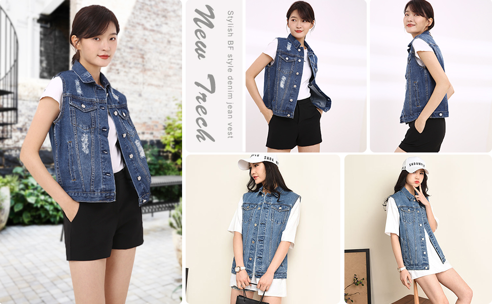 Flygo Women''s Distressed Denim Vest Button Front Sleeveless Jean Coat