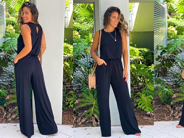 Women Casual Solid Sleeveless Wide Leg Pants Jumpsuit Rompers