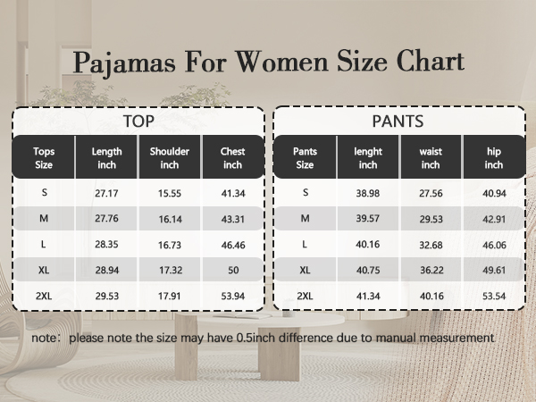 Women''s Pajama Set Size Chart