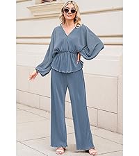 2 Piece Outfits Pleated Loungewear Wide Leg Pants Sweatsuit V Neck Lounge Set