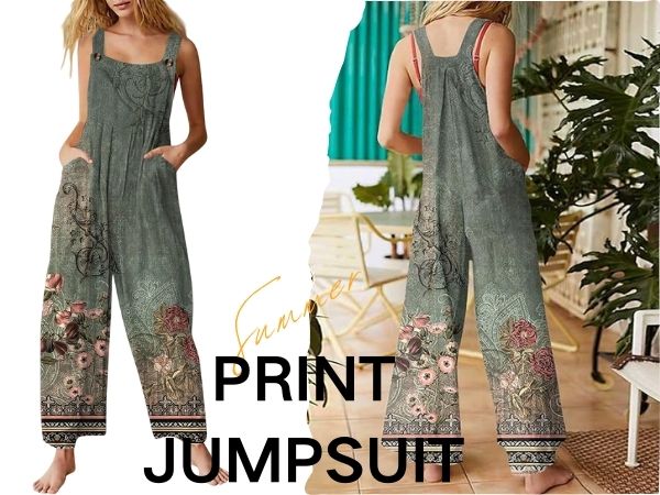 Jumpsuit for Women 2024 Dressy Casual Adjustable Straps Sleeveless Print Summer Cute Linen Rompers