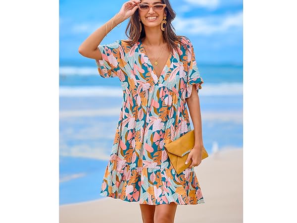 v neck loose tropical floral summer dress