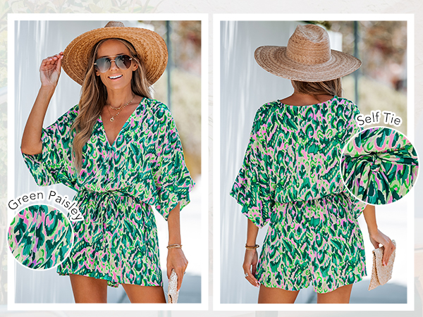 green abstract print v neck self tie waist long sleeve romper loose fit short summer jumpsuit