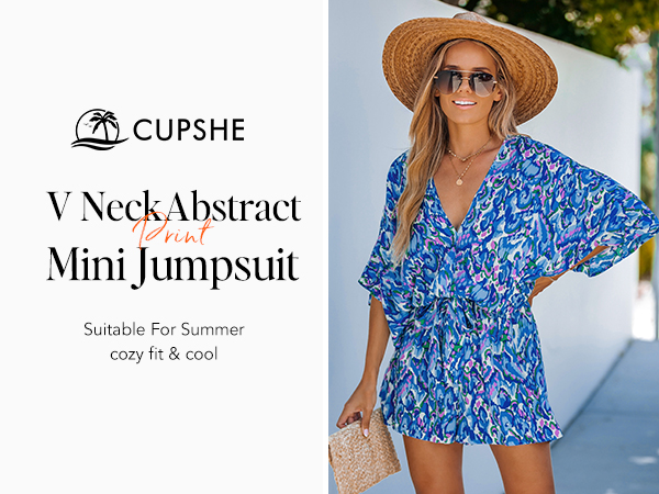 blue abstract print v neck elasticized waist mini jumpsuit summer long sleeve romper